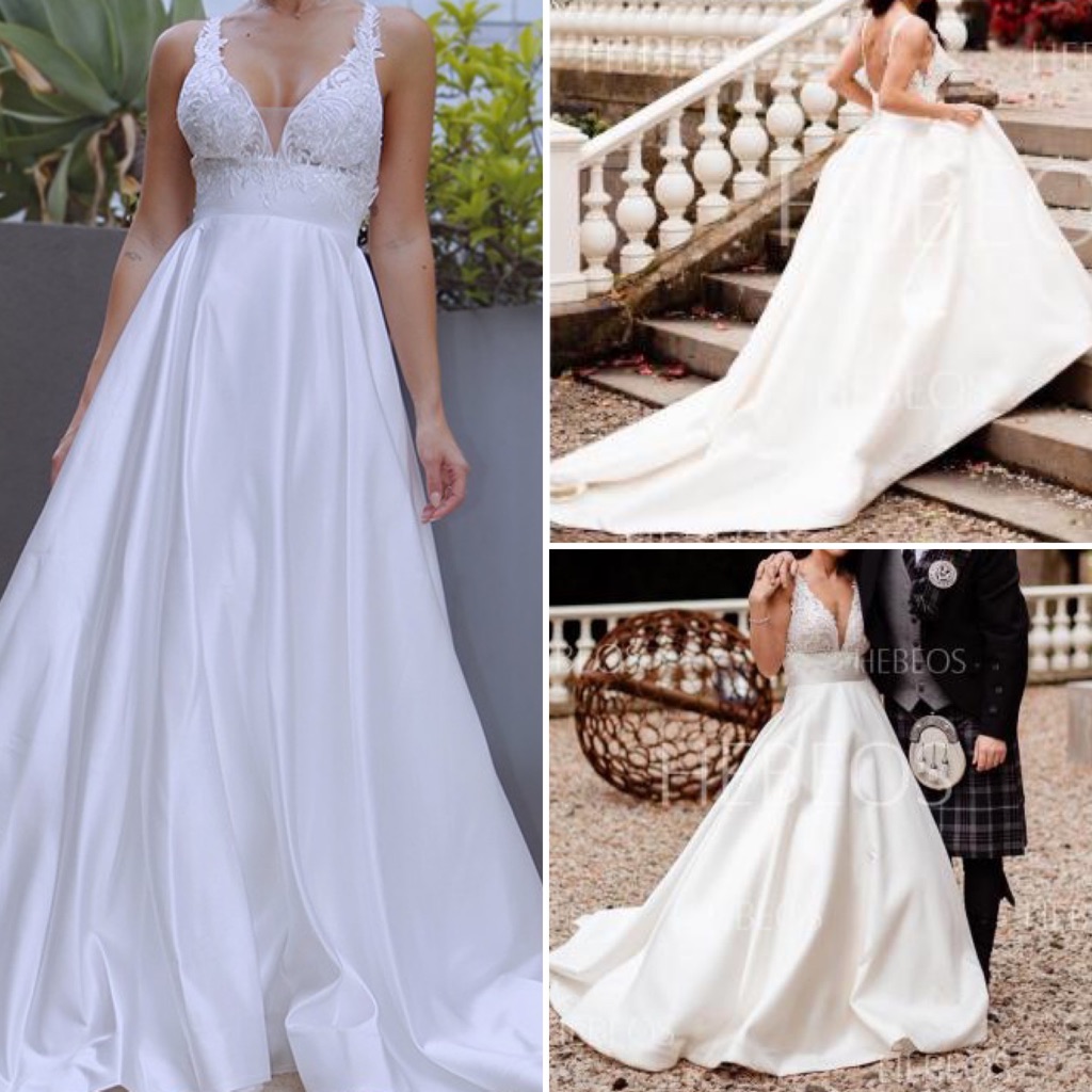 A-Line/Princess Satin Applique Sleeveless Sweep Train Wedding Dress Bridal Gown